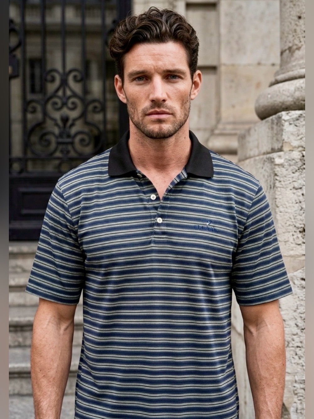 Gear For Sports Black and Blue Striped Doral Golf Polo in XL